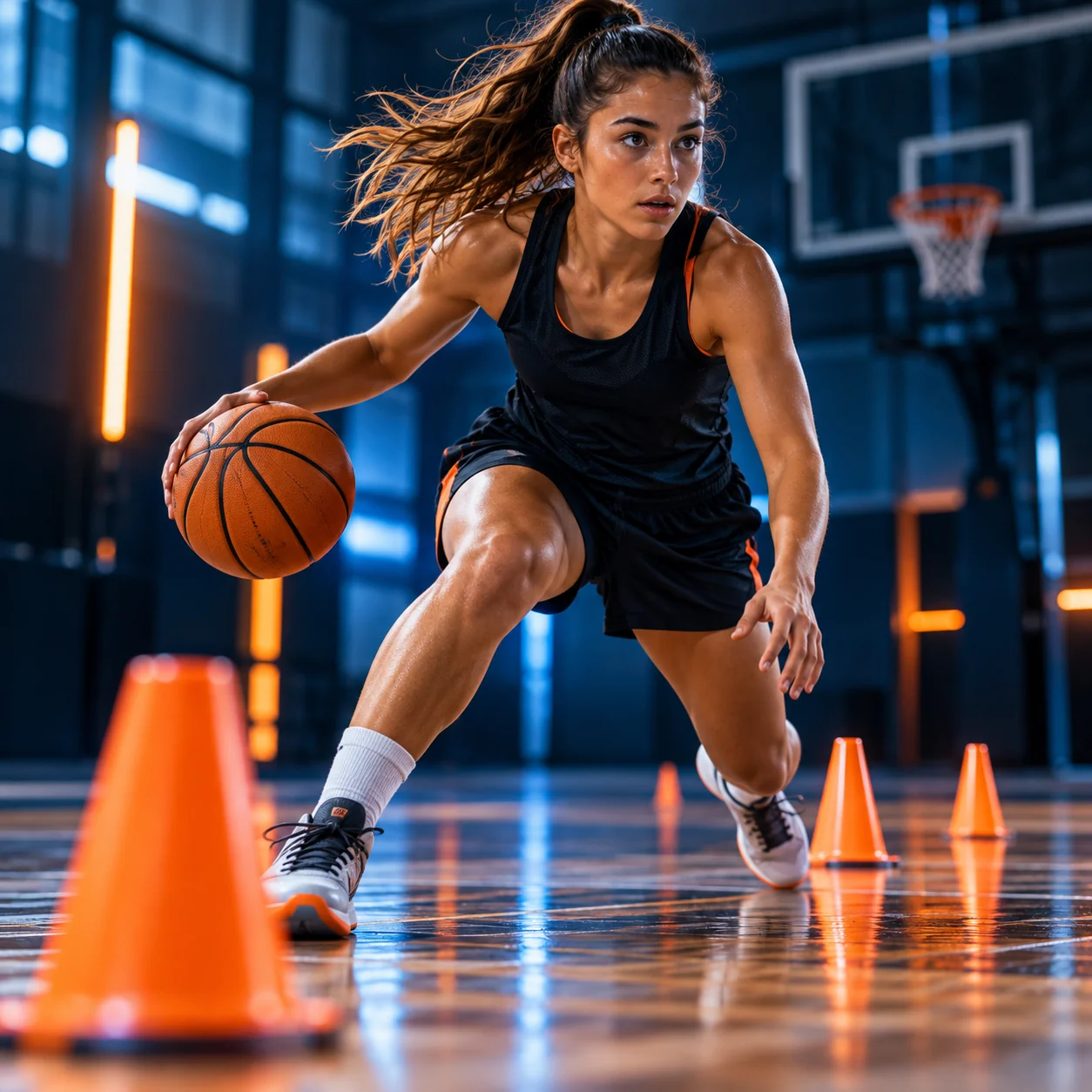 Jugadora de baloncesto entrenando con concentración