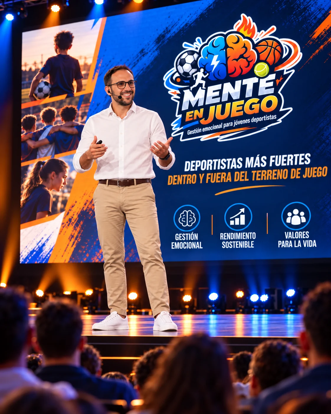 Jordi González presentando Mente en Juego en un auditorio